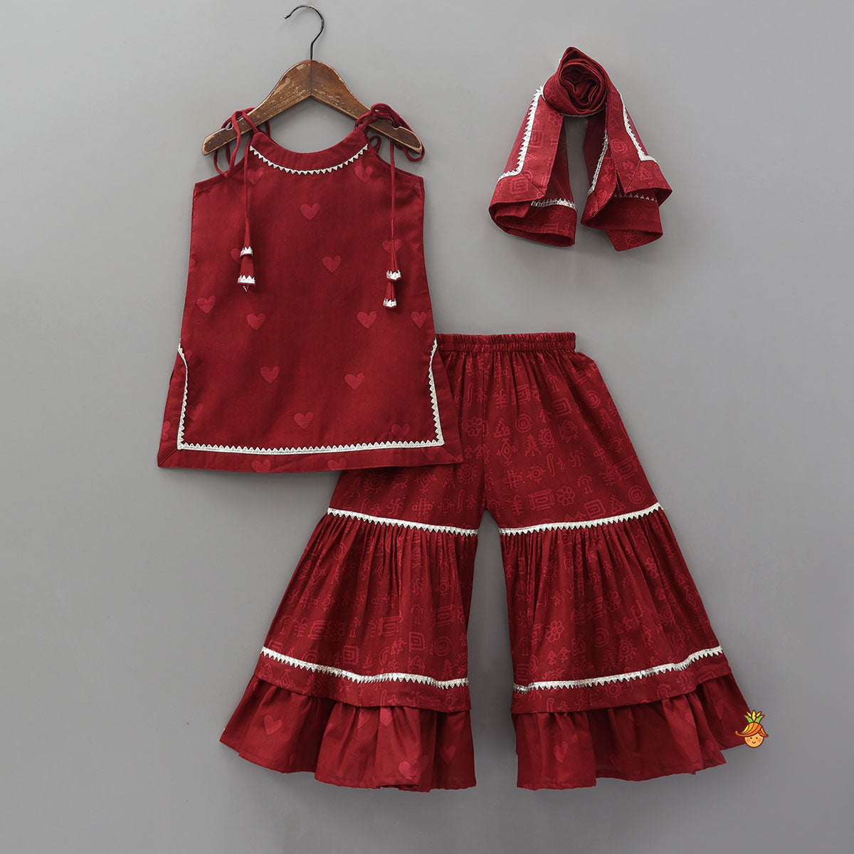 Pre Order: Heart Printed Strappy Kurti And Layered Sharara With Matching Dupatta