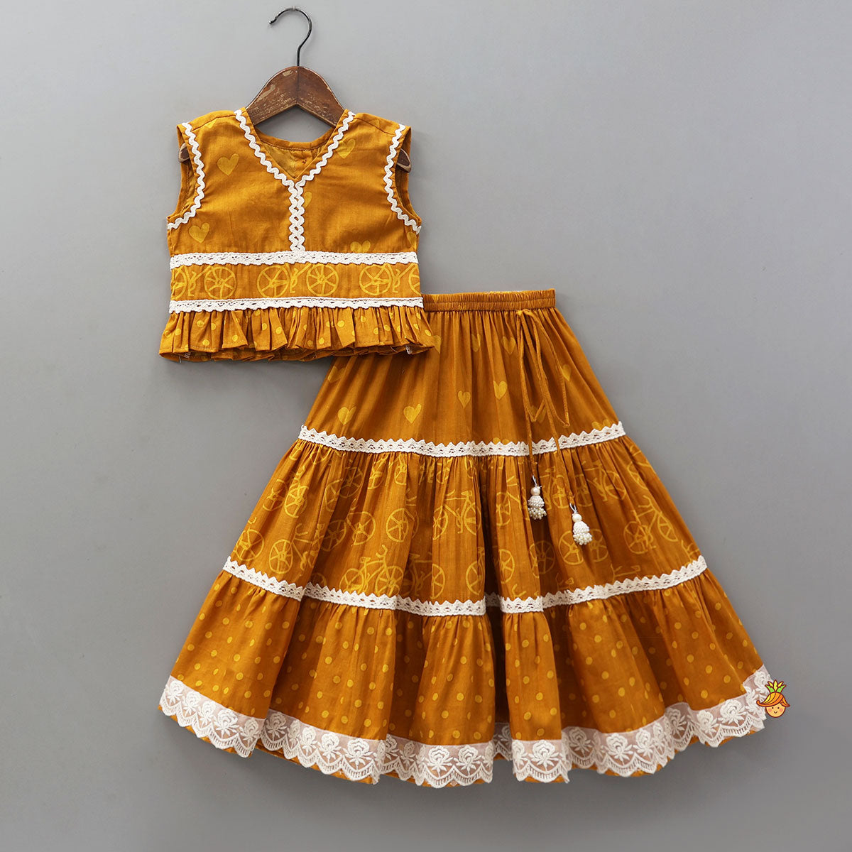 Pre Order: Elegant V-Neck Printed Top With Matching Lehenga