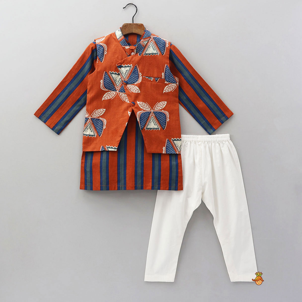 Pre Order: Vertical Striped Ethnic Kurta With Printed Jacket And Pyjama