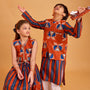 Vertical Striped Ethnic Kurta With Printed Jacket And Pyjama twinning model image 3
