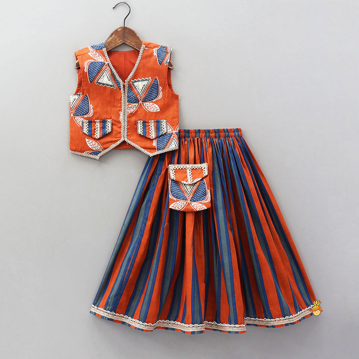 Pre Order: Faux Pocket Printed Top And Striped Lehenga