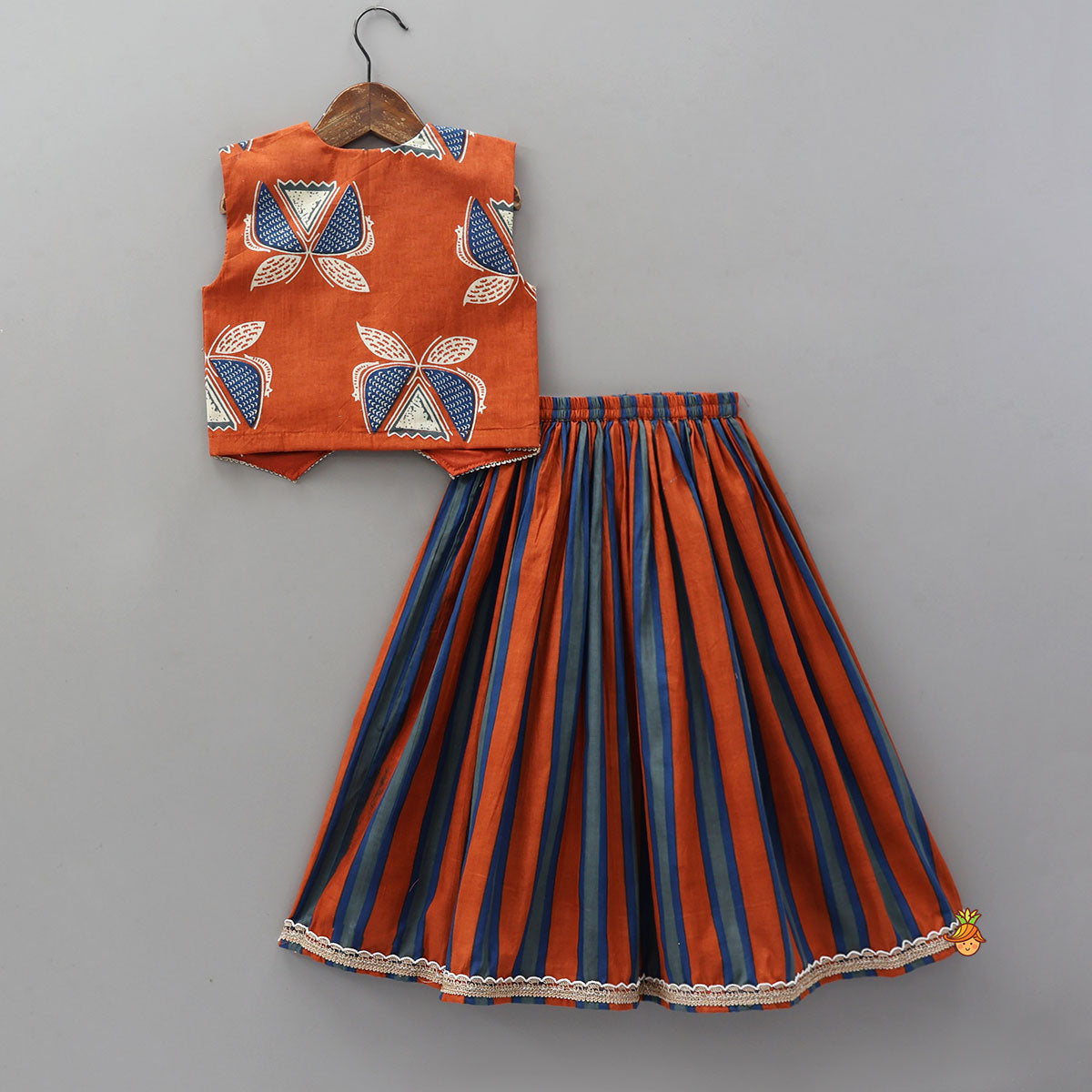 Pre Order: Faux Pocket Printed Top And Striped Lehenga