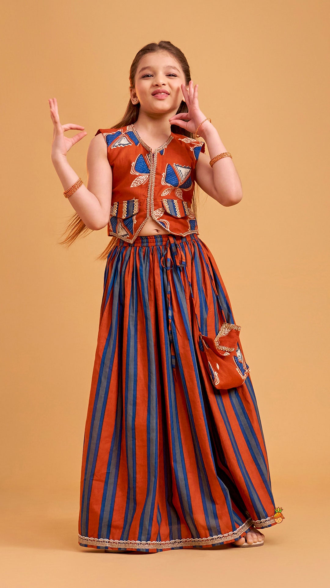 Pre Order: Faux Pocket Printed Top And Striped Lehenga