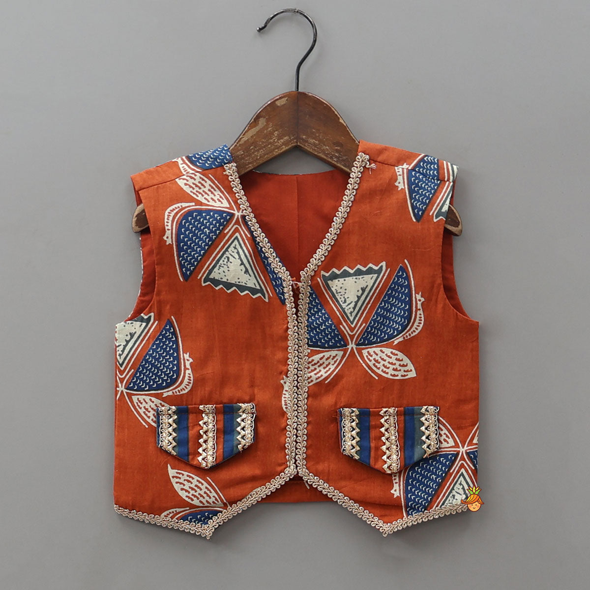 Pre Order: Faux Pocket Printed Top And Striped Lehenga