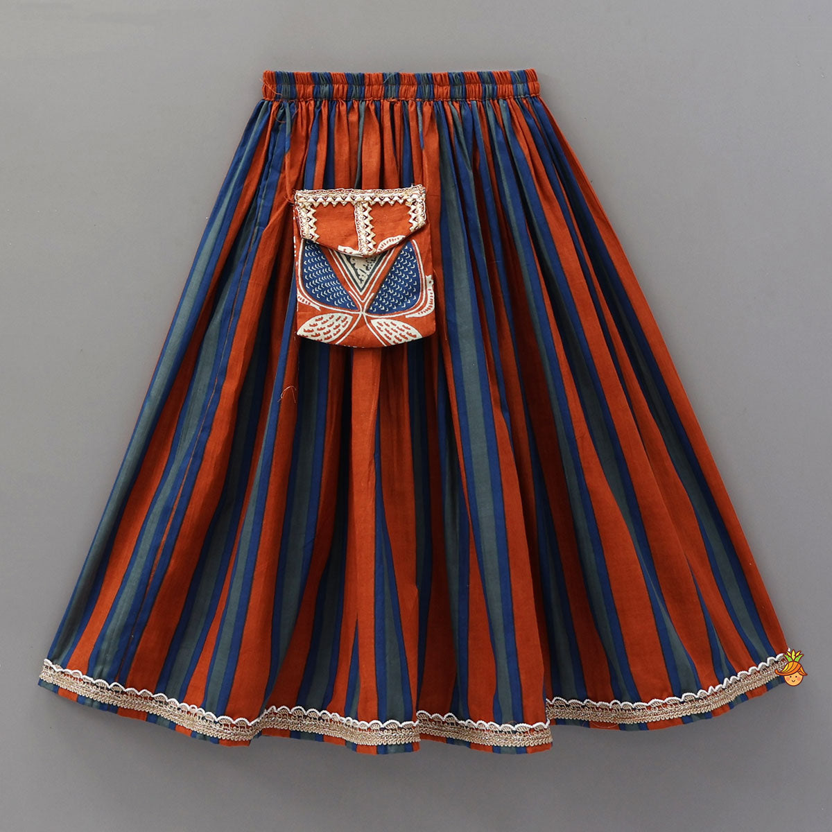 Pre Order: Faux Pocket Printed Top And Striped Lehenga