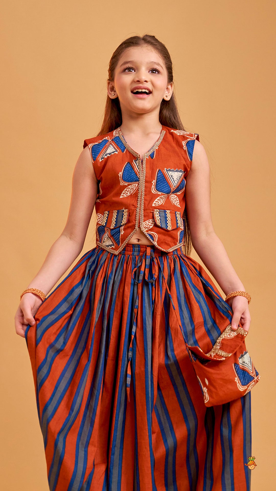 Pre Order: Faux Pocket Printed Top And Striped Lehenga