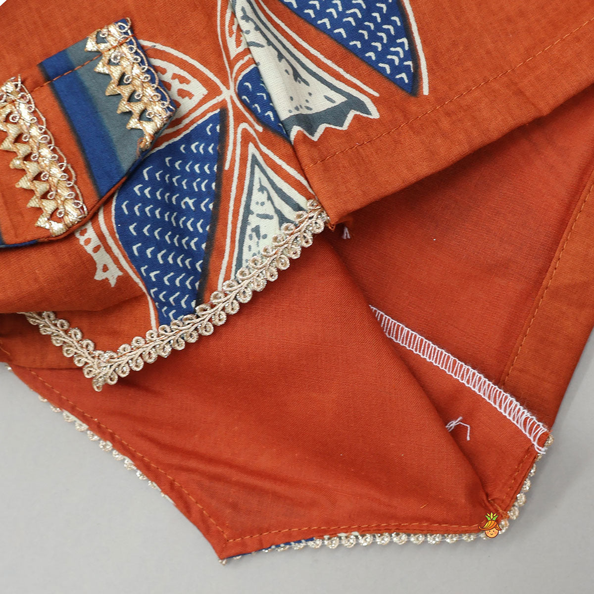 Pre Order: Faux Pocket Printed Top And Striped Lehenga