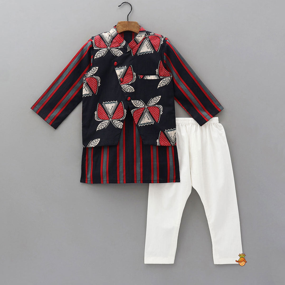 Pre Order: Vertical Striped Kurta With Printed Jacket And Pyjama