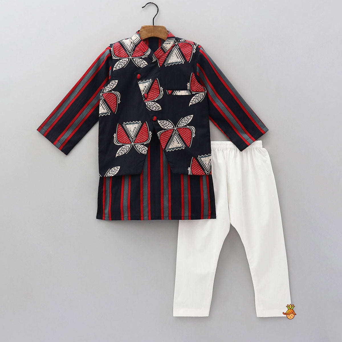 Pre Order: Vertical Striped Kurta With Printed Jacket And Pyjama