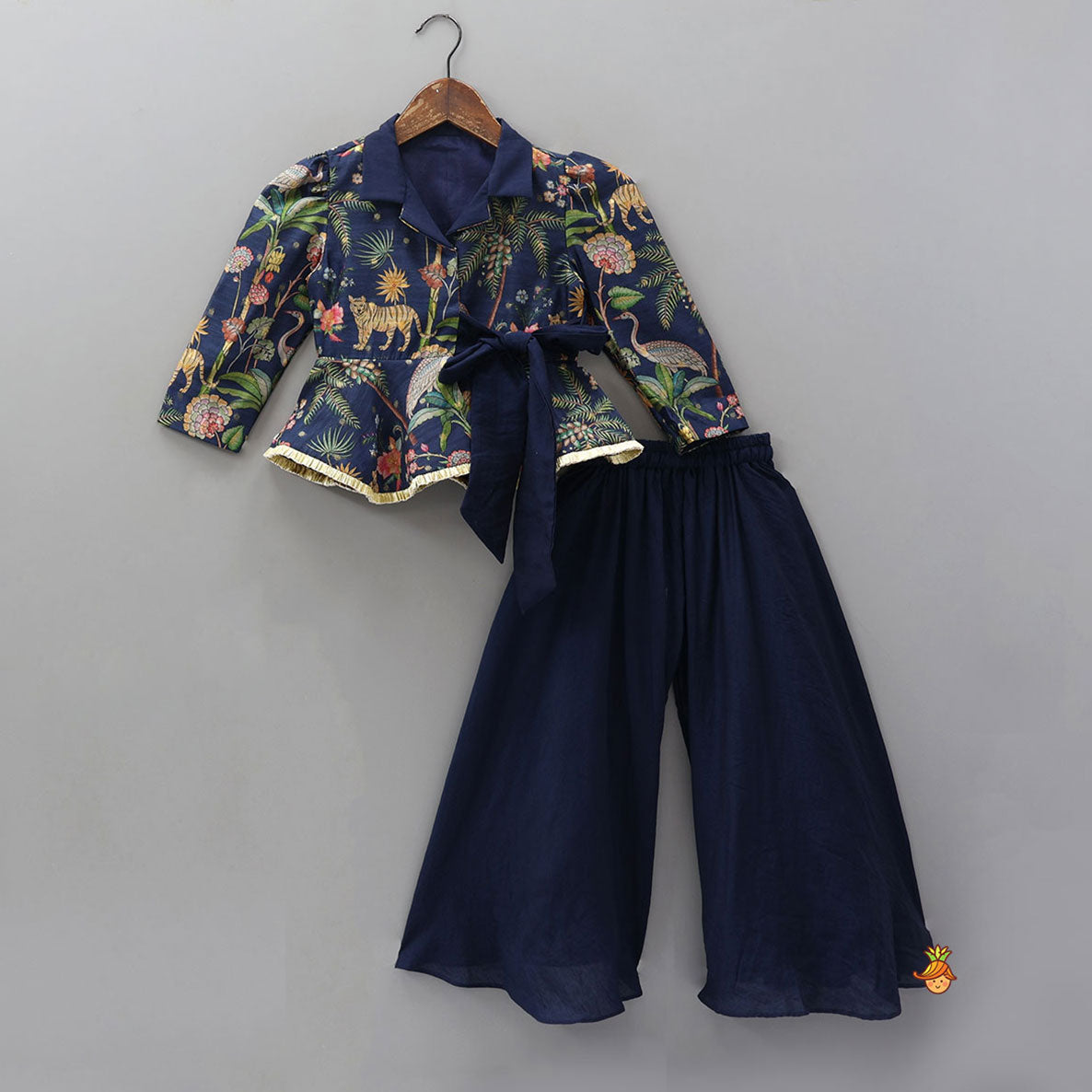 Pre Order: Printed Jacket Style Peplum Top And Flared Palazzo