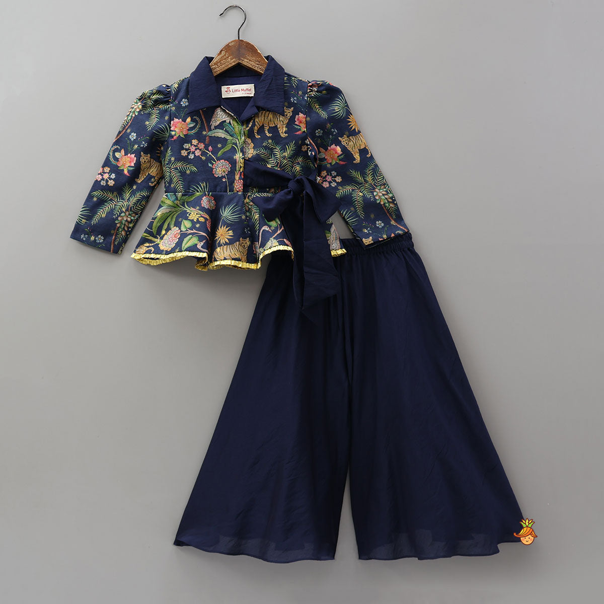 Pre Order: Printed Jacket Style Peplum Top And Flared Palazzo