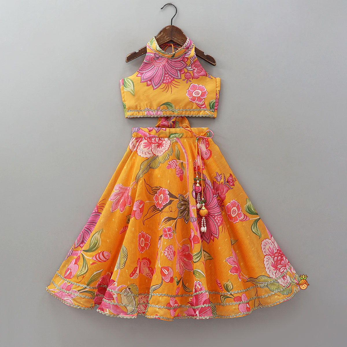 Floral Printed Halter Neck Crop Top And Lehenga