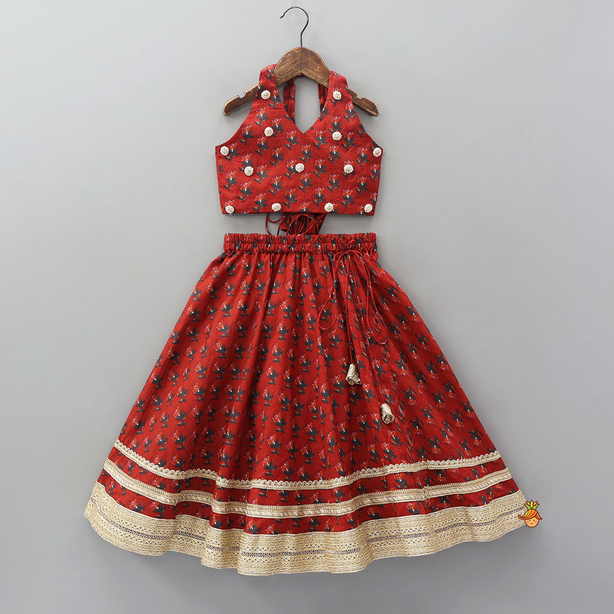 Pre Order: Floral Embellished Halter Neck Top And Lehenga