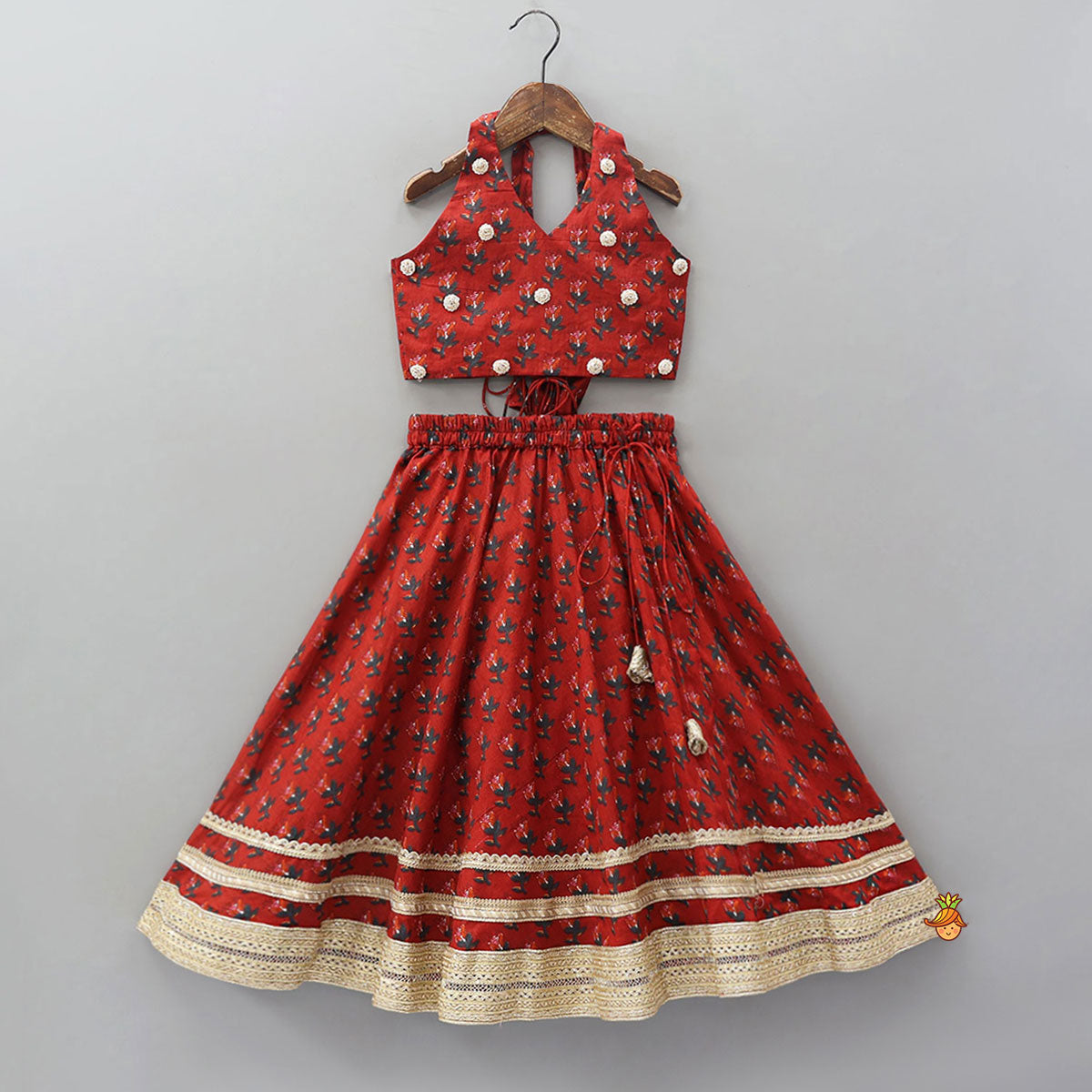 Pre Order: Floral Embellished Halter Neck Top And Lehenga