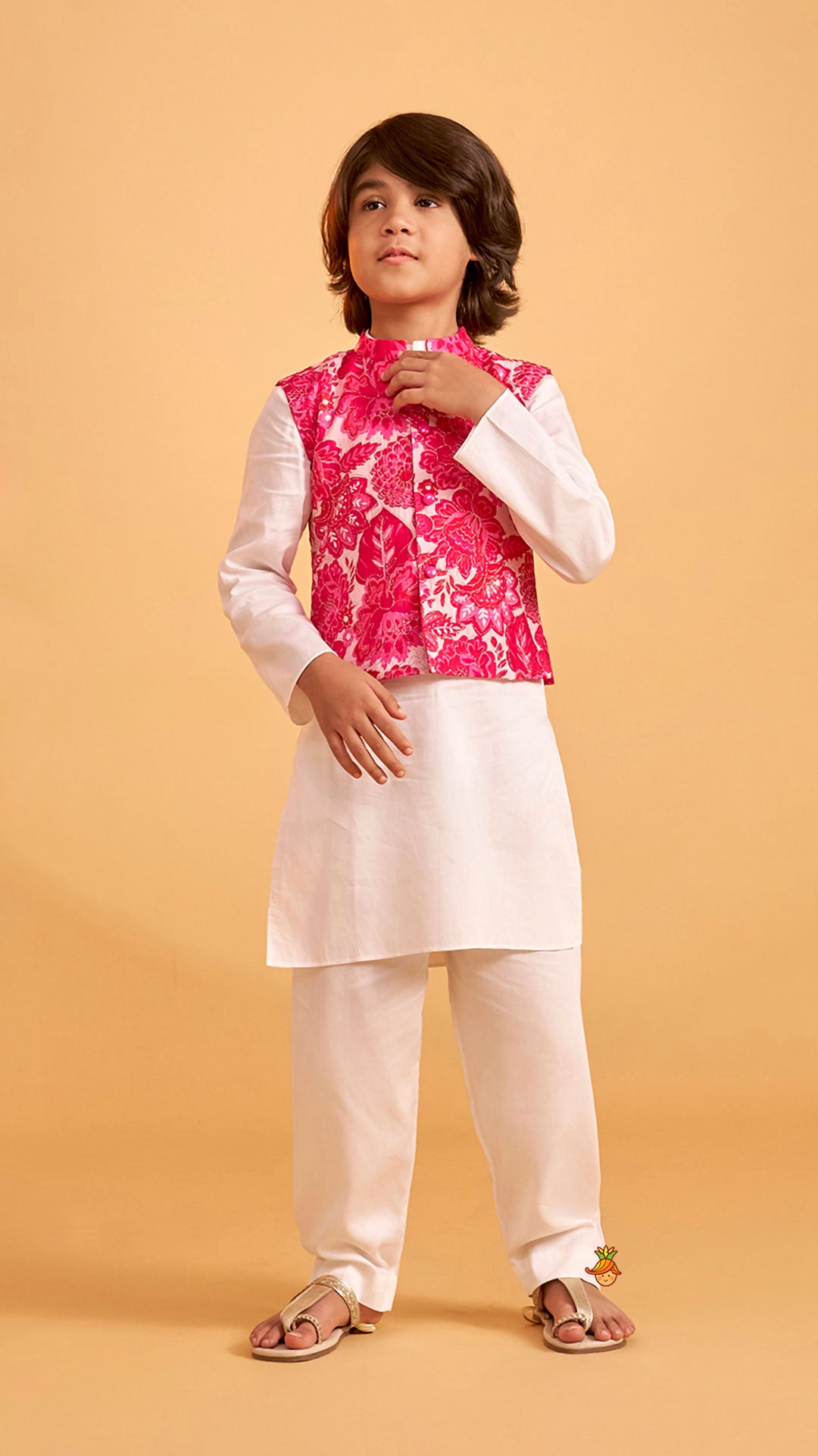 Pre Order: Ethnic Kurta With Adorable Floral Work Jacket And Pyjama