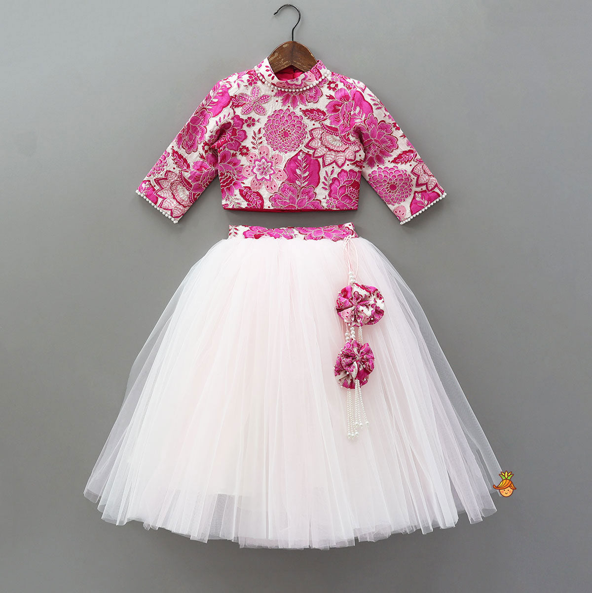 Pre Order: Stand Collar Elegant Top And Floral Tassels Embellished Lehenga