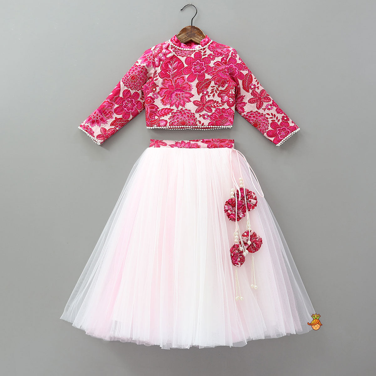 Pre Order: Stand Collar Elegant Top And Floral Tassels Embellished Lehenga