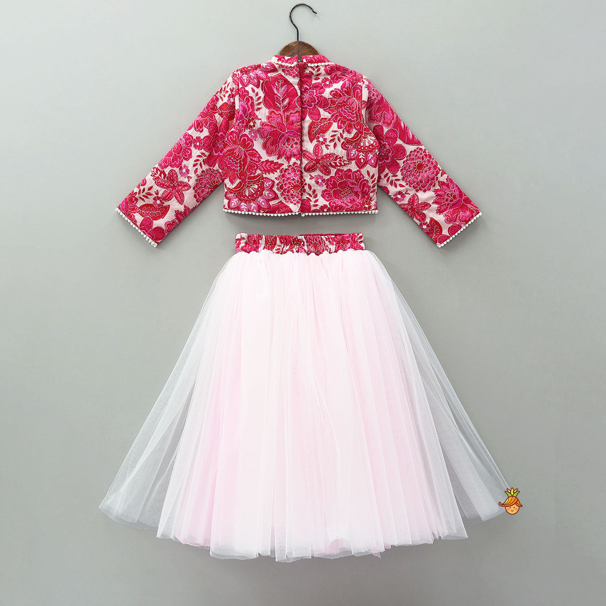 Pre Order: Stand Collar Elegant Top And Floral Tassels Embellished Lehenga