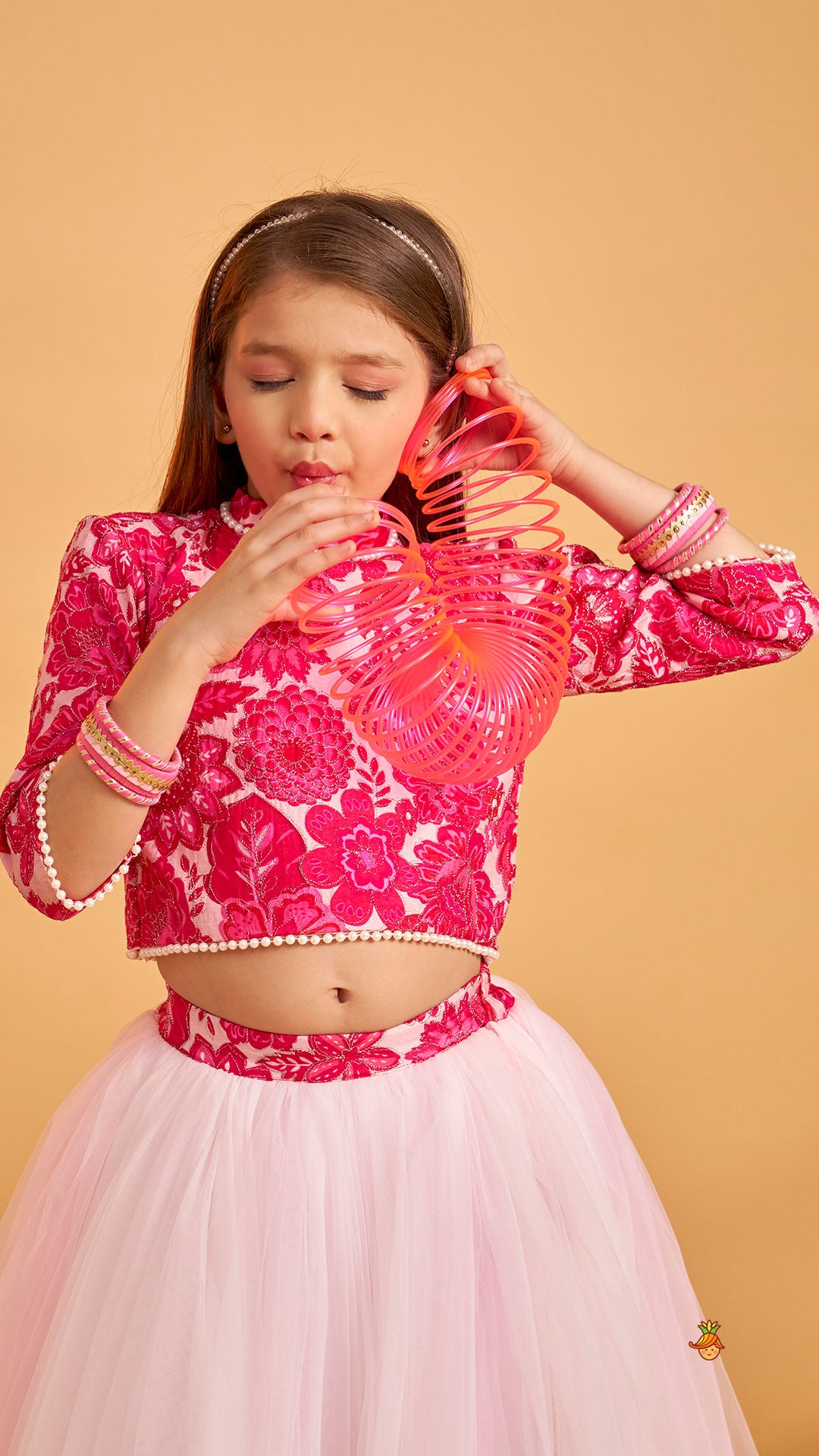 Pre Order: Stand Collar Elegant Top And Floral Tassels Embellished Lehenga