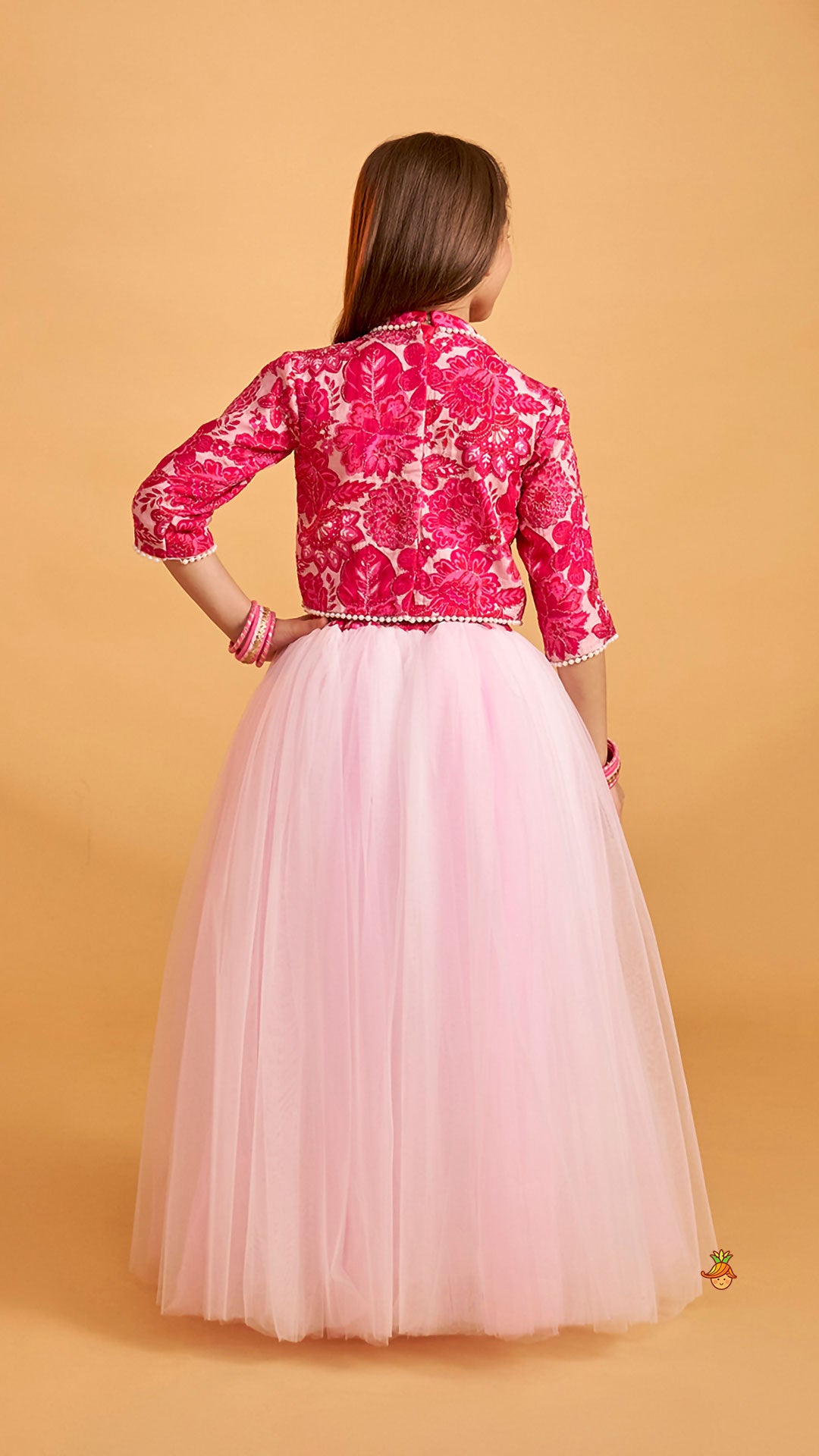 Pre Order: Stand Collar Elegant Top And Floral Tassels Embellished Lehenga