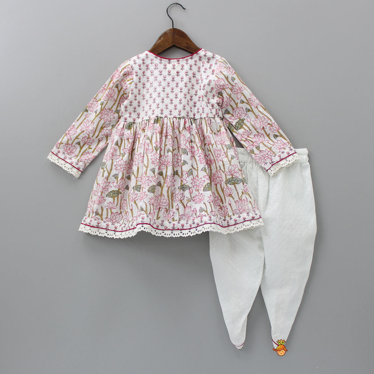 Lurex Striped Hand Block Floral Printed Angarkha Kurti And Dhoti