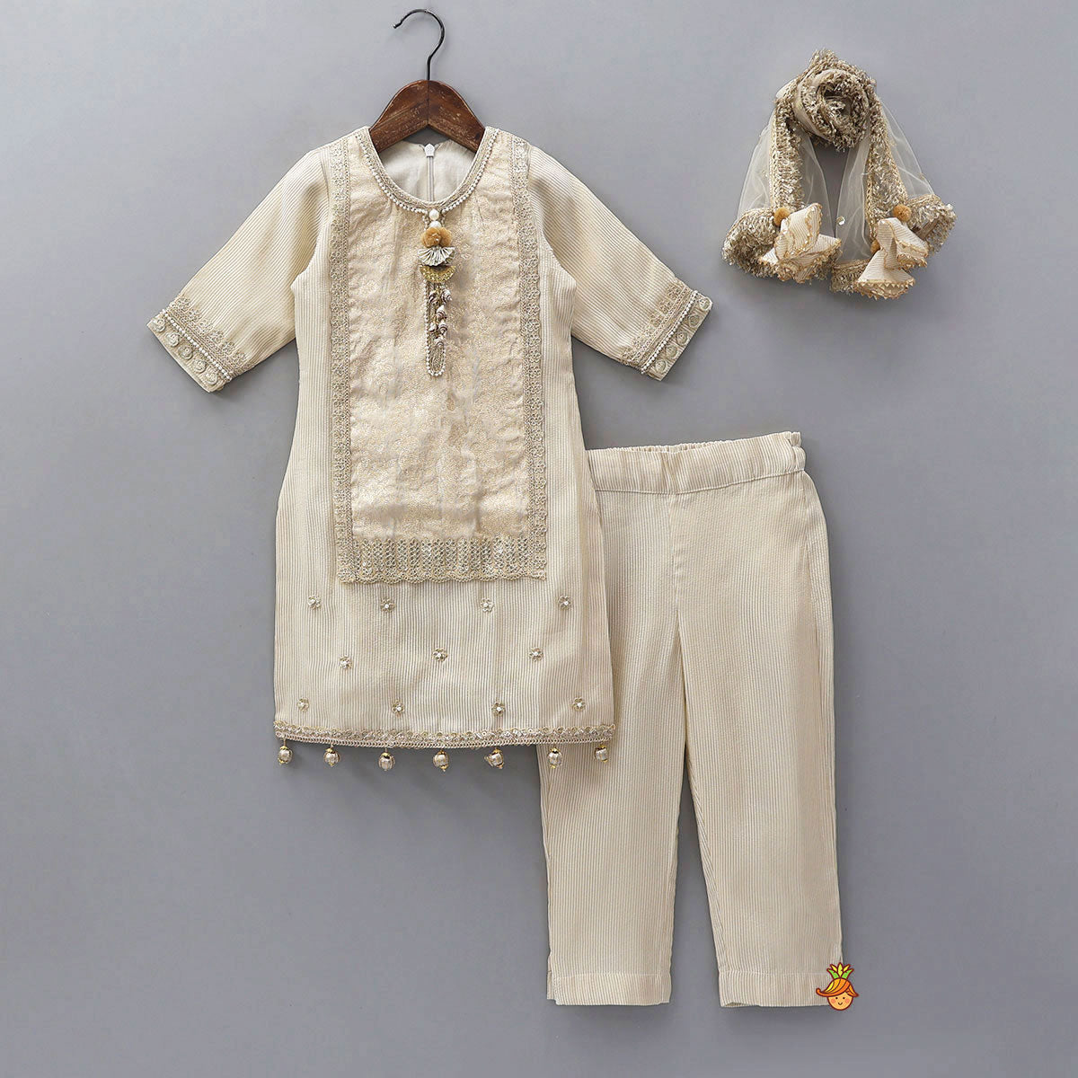 Pre Order: Shimmery Striped Kurti And Pant With Net Dupatta