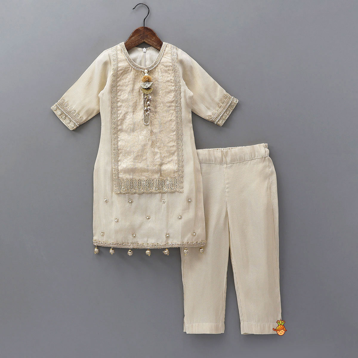 Pre Order: Shimmery Striped Kurti And Pant With Net Dupatta