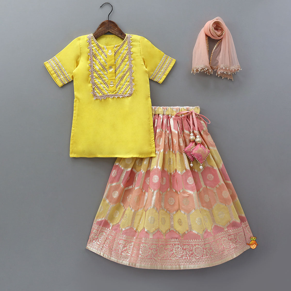 Pre Order: Gota Lace Detailed Yoke Kurti And Brocade Lehenga With Net Dupatta