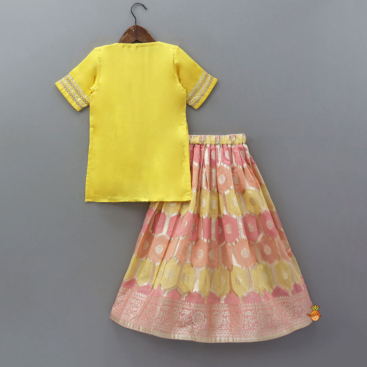 Pre Order: Gota Lace Detailed Yoke Kurti And Brocade Lehenga With Net Dupatta