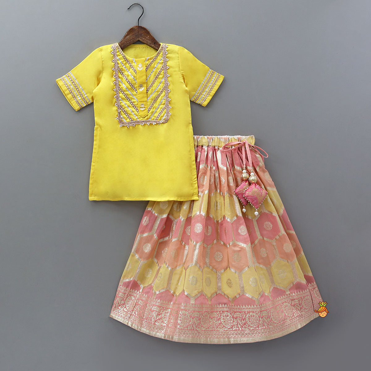 Pre Order: Gota Lace Detailed Yoke Kurti And Brocade Lehenga With Net Dupatta