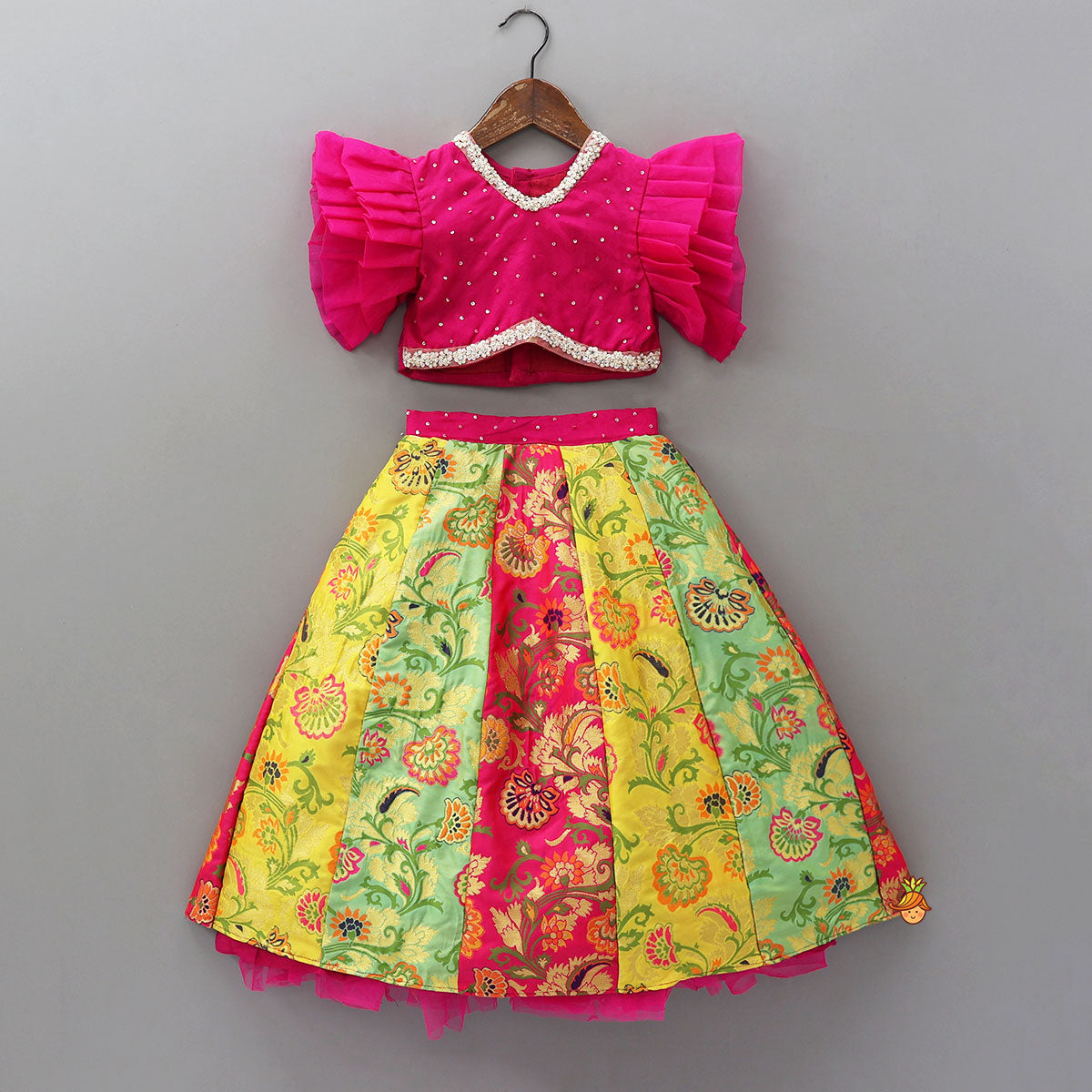 Pre Order: Sequins Work Organza Top And Brocade Lehenga