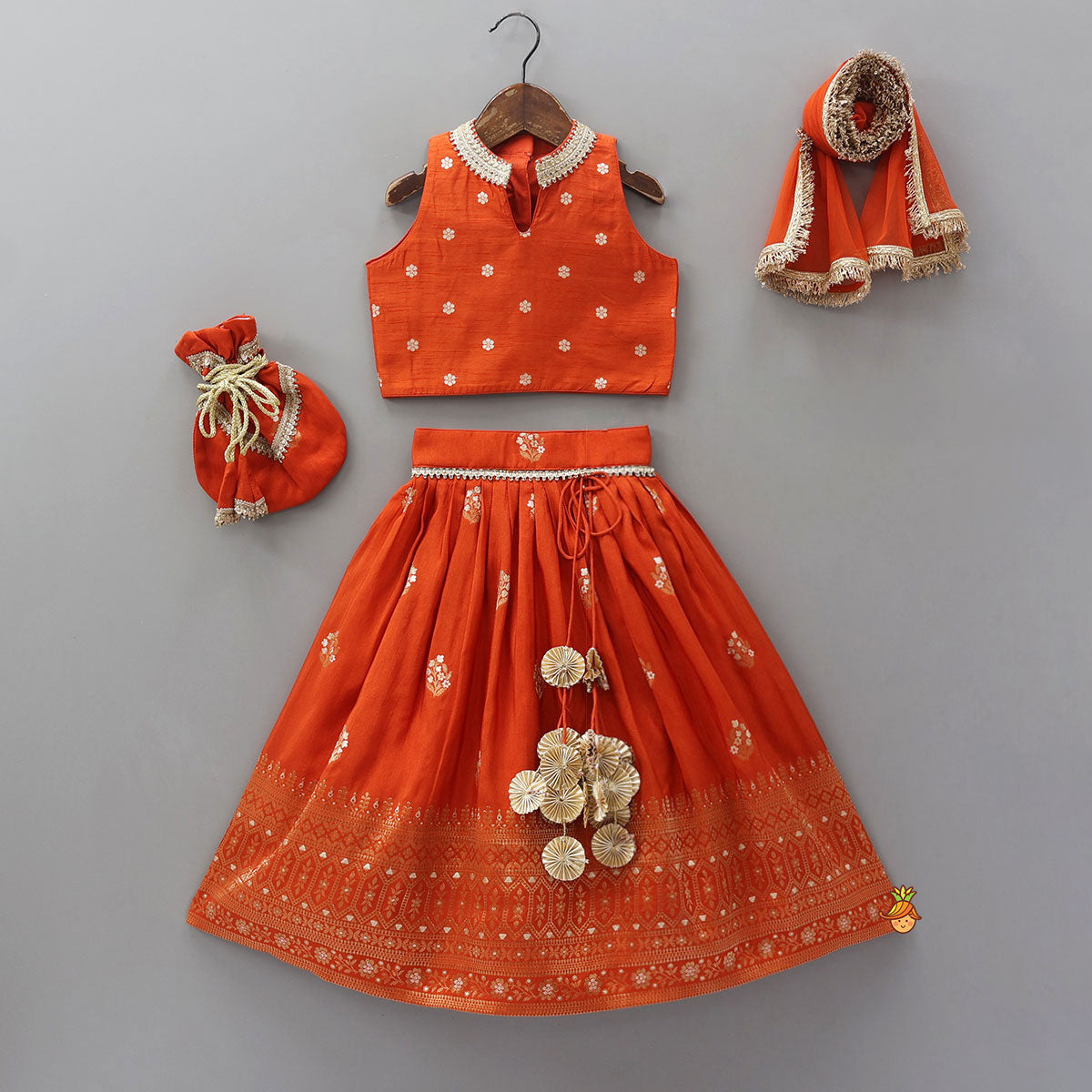 Pre Order: Beautiful Floral Motif Work Top And Lehenga With Matching Dupatta And Potli Bag
