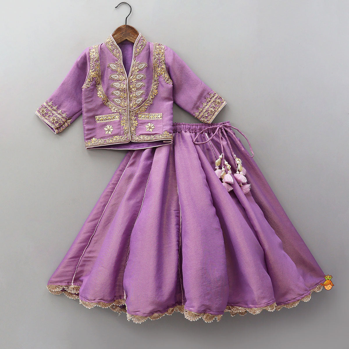 Pre Order: Jacket-Style Embroidered Shimmery Top And Lehenga