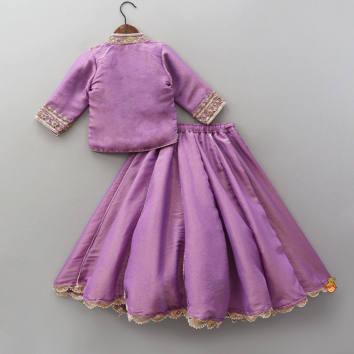 Pre Order: Jacket-Style Embroidered Shimmery Top And Lehenga