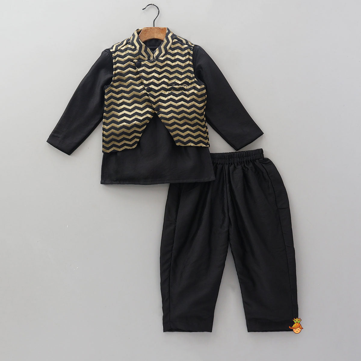 Pre Order: Chanderi Silk Kurta With Brocade Jacket And Pyjama