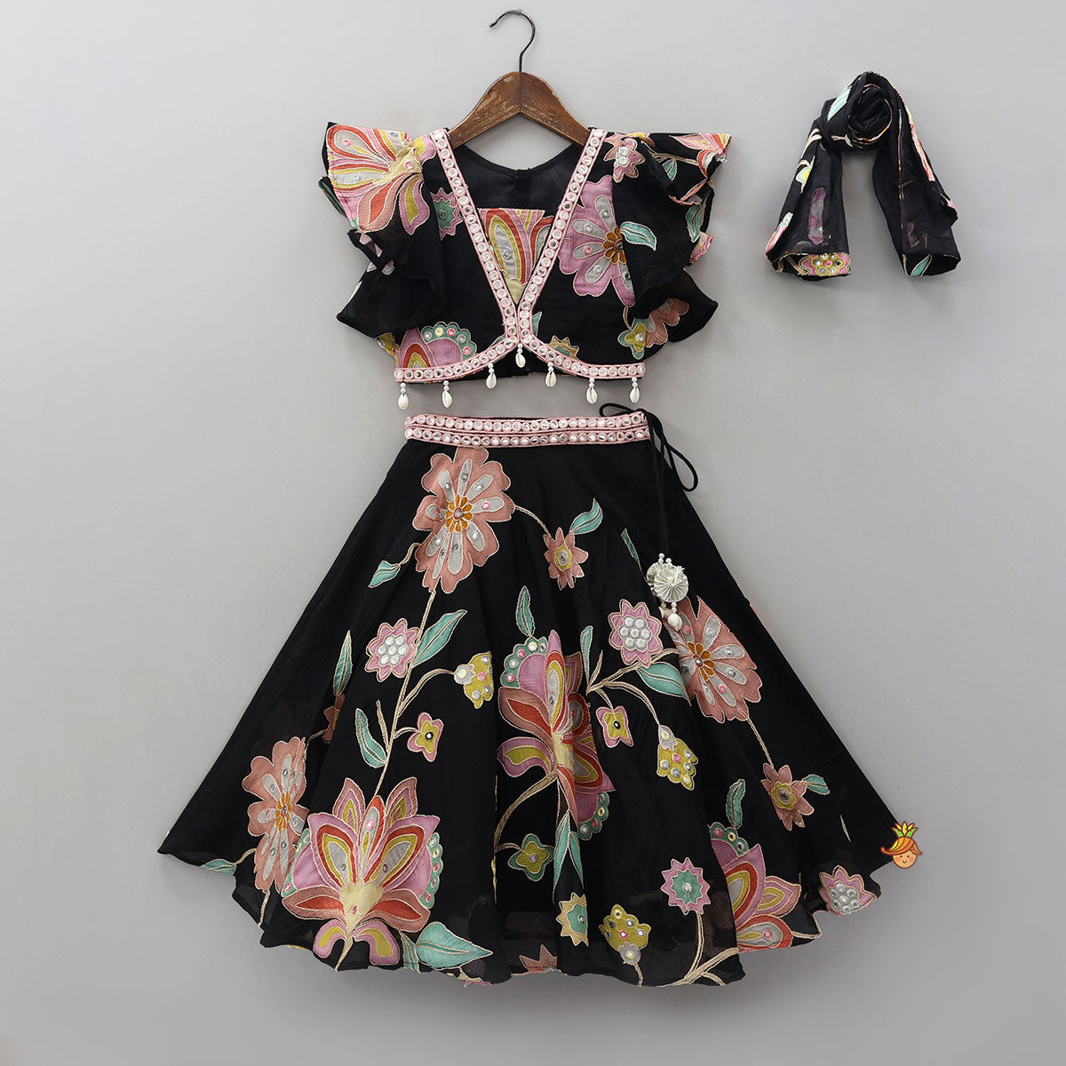 Pre Order: Floral Printed And Embroidered Top With Matching Lehenga And Organza Dupatta