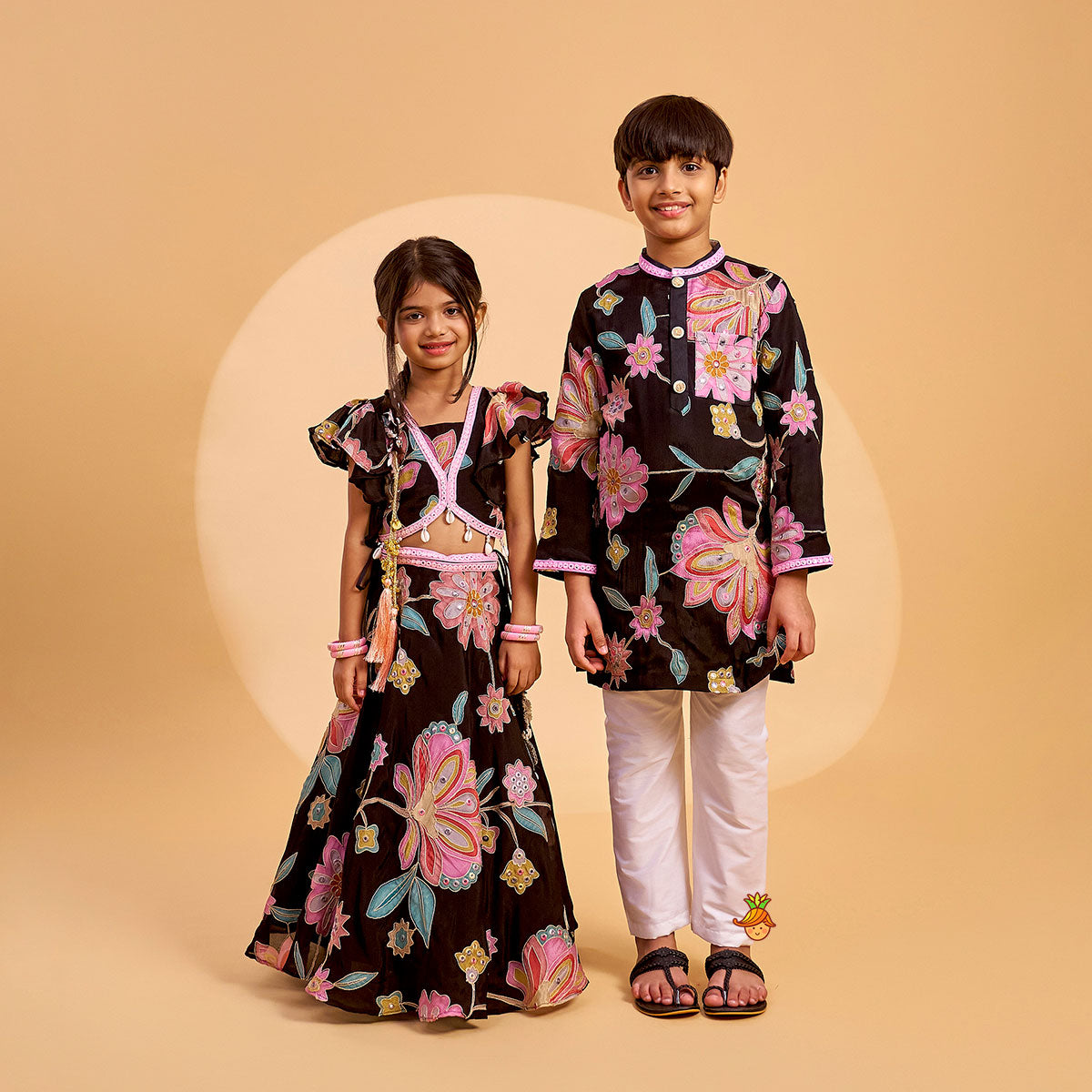 Floral Printed And Embroidered Top With Matching Lehenga And Organza Dupatta twinning model image 1