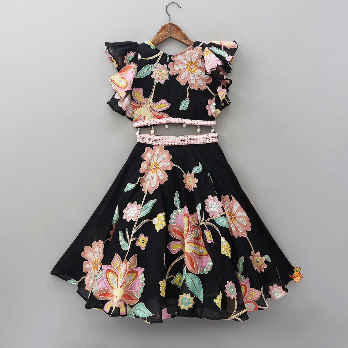 Pre Order: Floral Printed And Embroidered Top With Matching Lehenga And Organza Dupatta