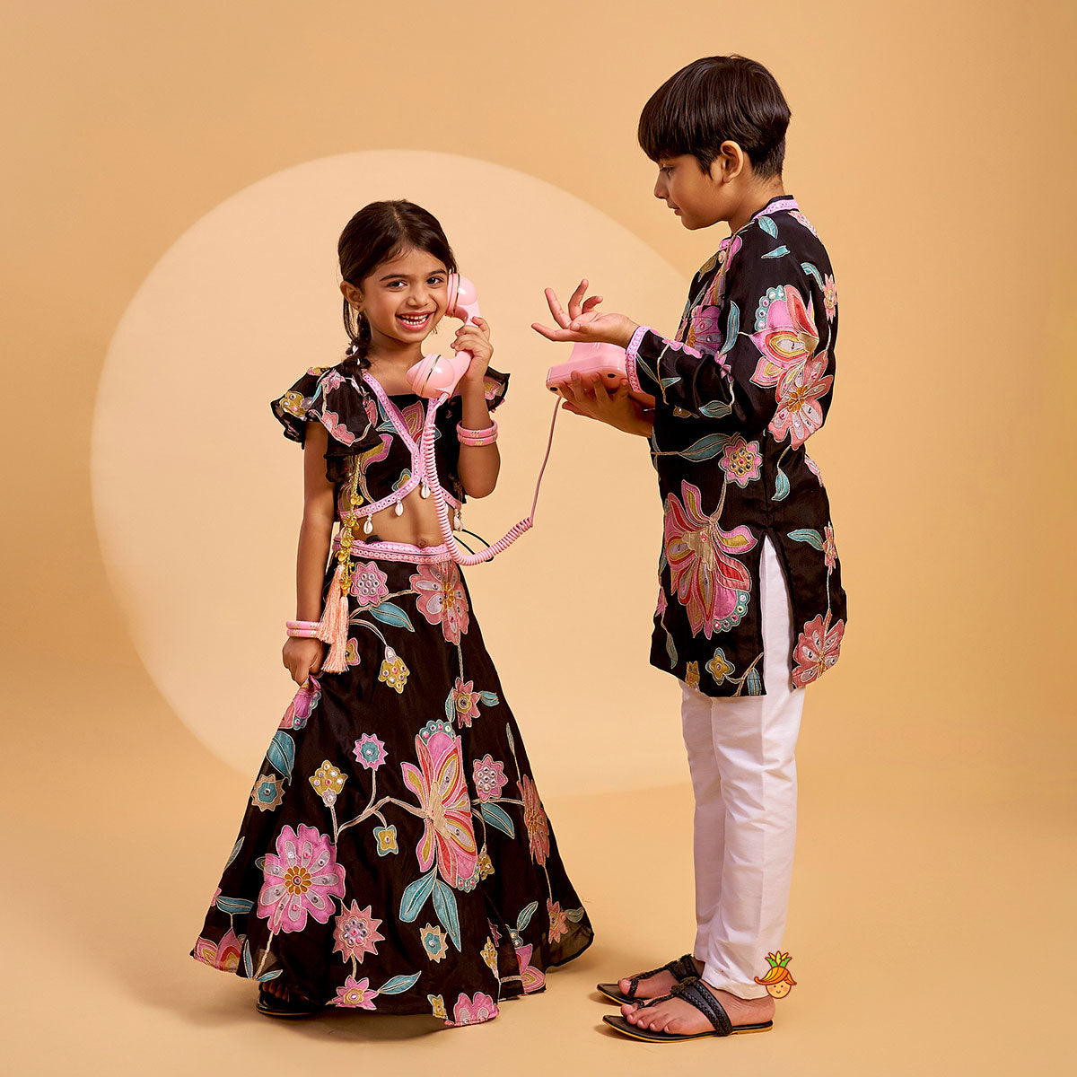 Floral Printed And Embroidered Top With Matching Lehenga And Organza Dupatta twinning model image 4