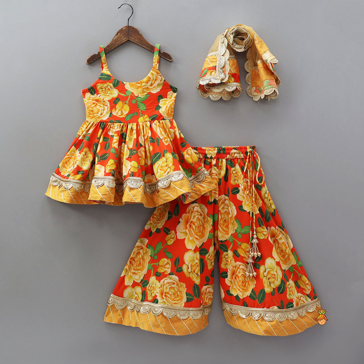 Pre Order: Beautifully Printed Strappy Kurti With Flared Palazzo And Matching Dupatta