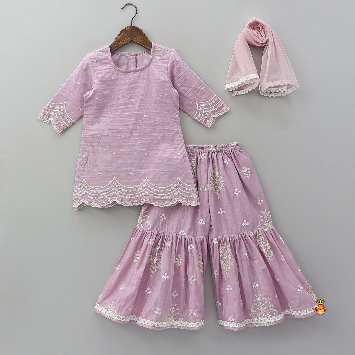 Pre Order: Booti Embroidered Kurti And Sharara With Matching Dupatta