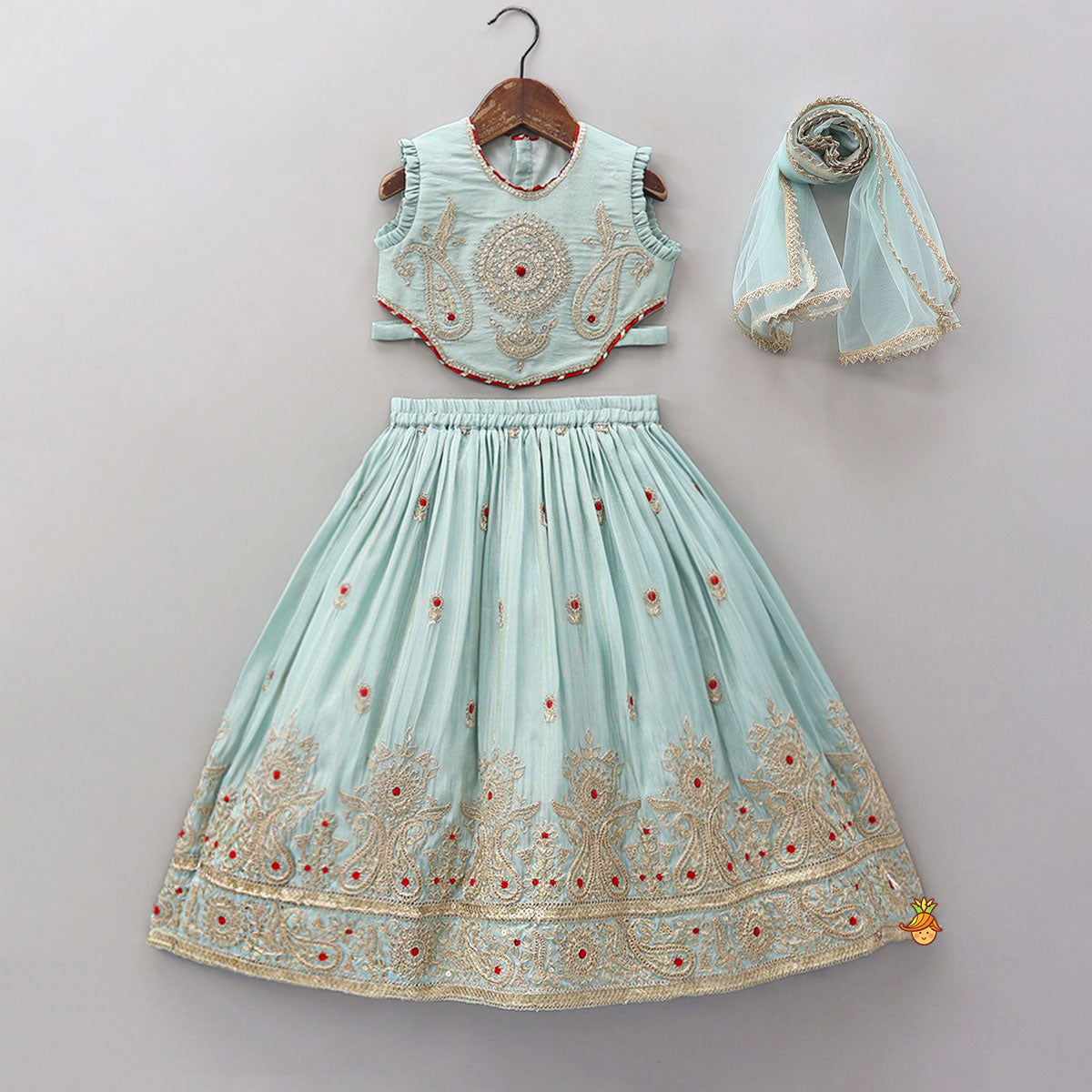 Pre Order: Embroidered Shimmer Crop Top And Lehenga With Net Dupatta