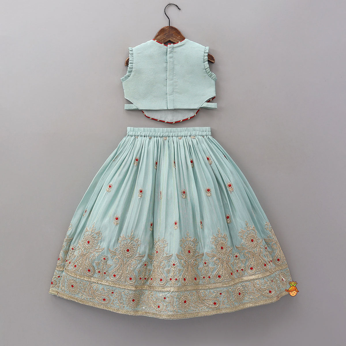 Pre Order: Embroidered Shimmer Top And Lehenga With Net Dupatta