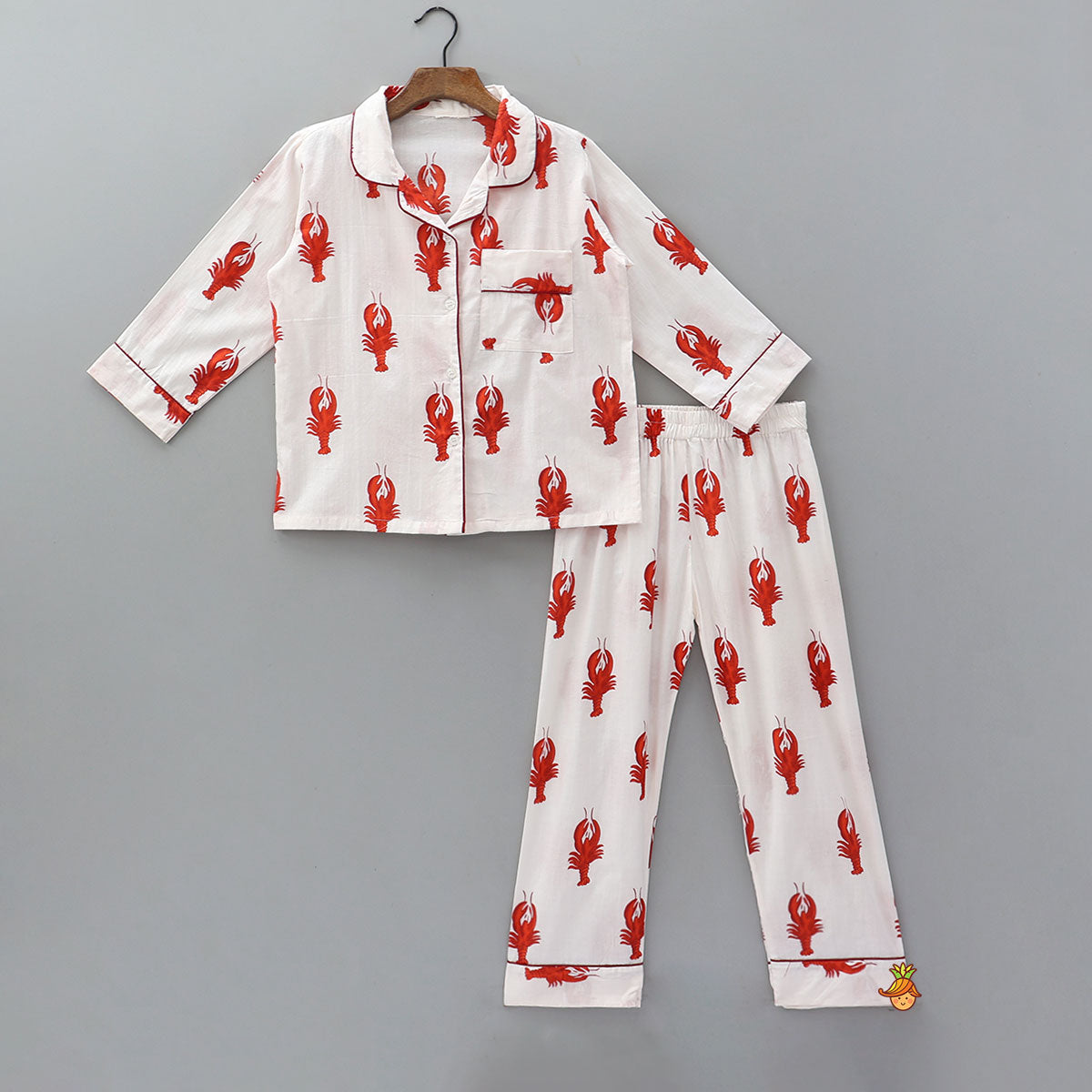 Patch Pocket Detail Printed Sleepwear Set