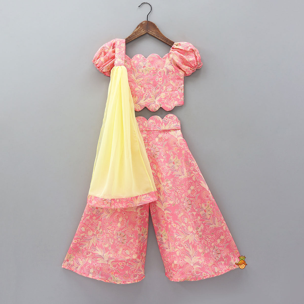 Floral Printed Scalloped Crop Top And Flared Palazzo With Contrasting Dupatta