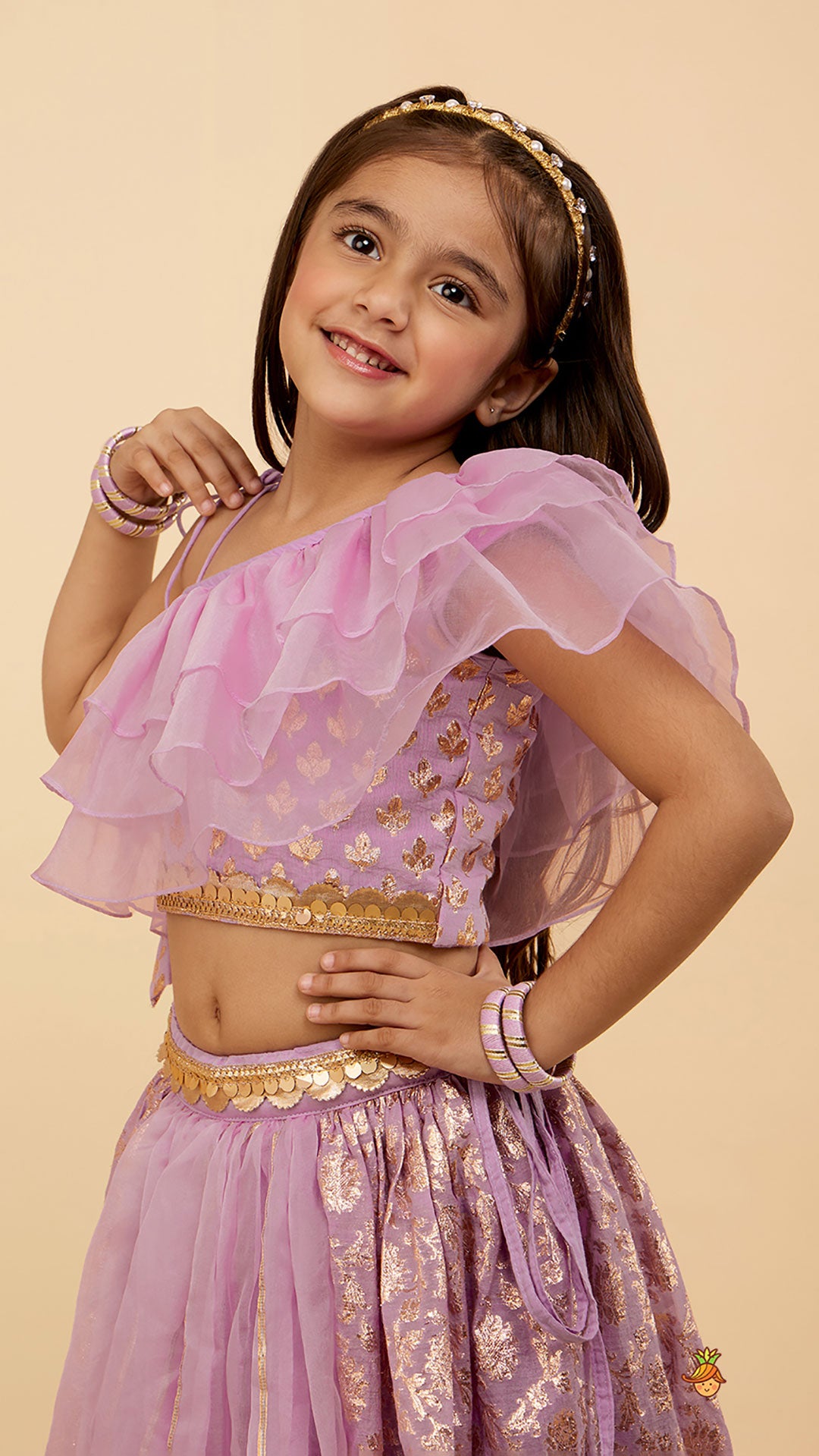 Elegant One Shoulder Crop Top With Lehenga And Gota Lace Detail Dupatta