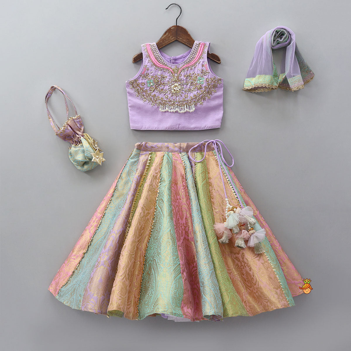 Pre Order: Intricate Embroidered Top And Brocade Lehenga With Matching Net Dupatta And Brocade Potli Bag