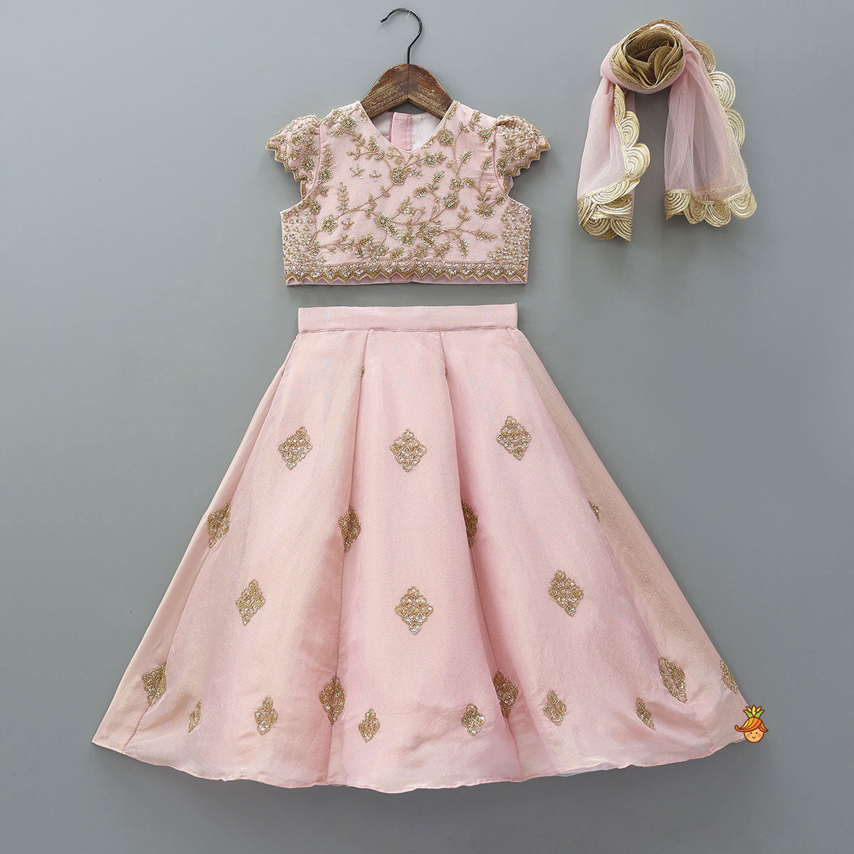 Shimmery Sequin Embroidered Crop Top With Flared Lehenga And Matching Dupatta