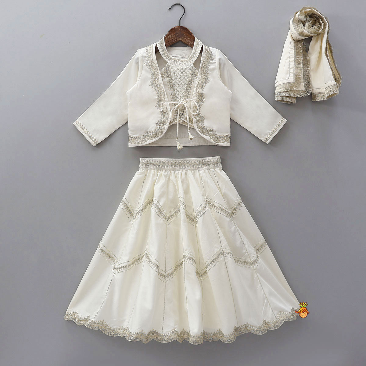 Pre Order: Halter Neck Embellished Top With Matching Jacket And Lehenga With Fringed Dupatta