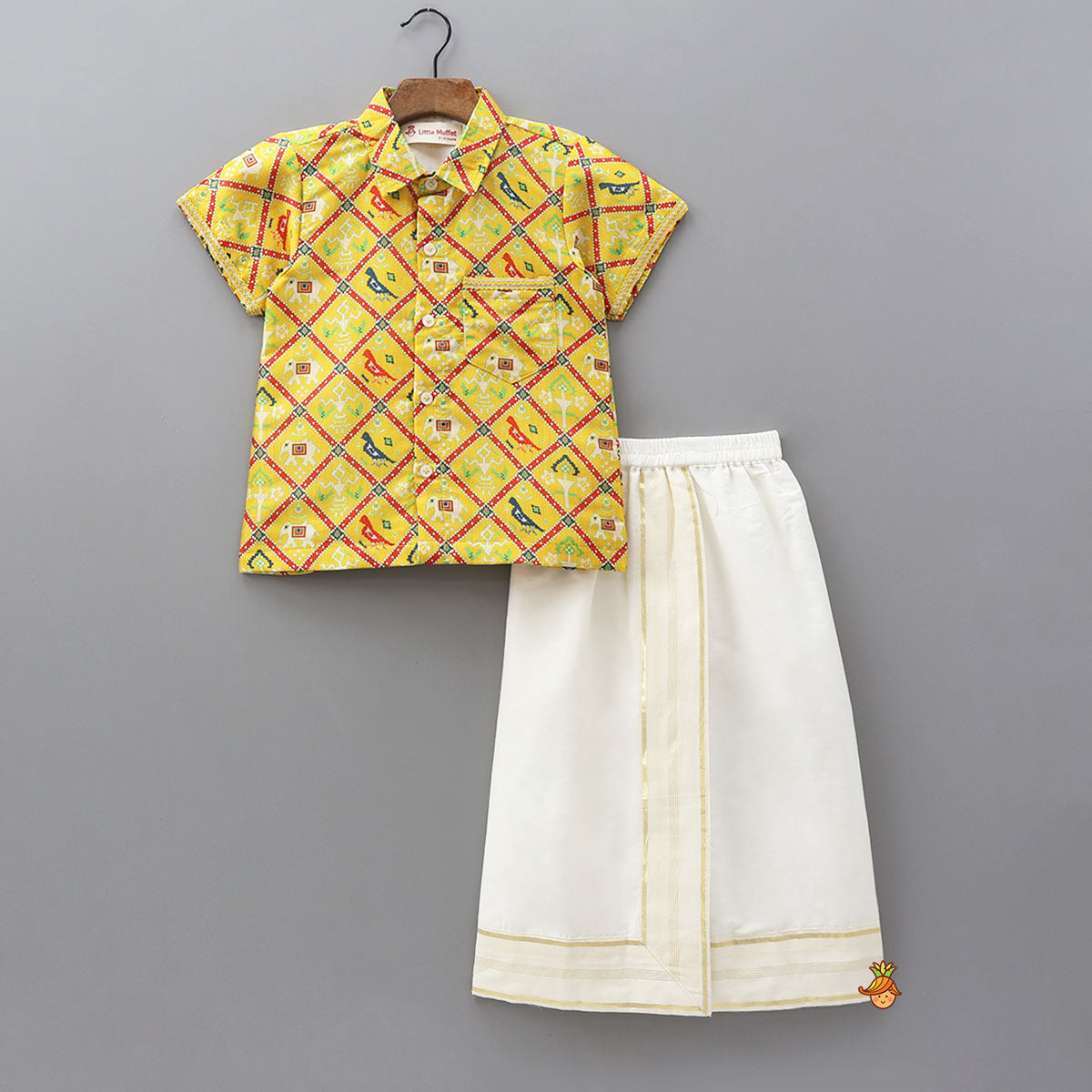 Exquisite Patola Print Shirt With Stitched Lungi And Shawl